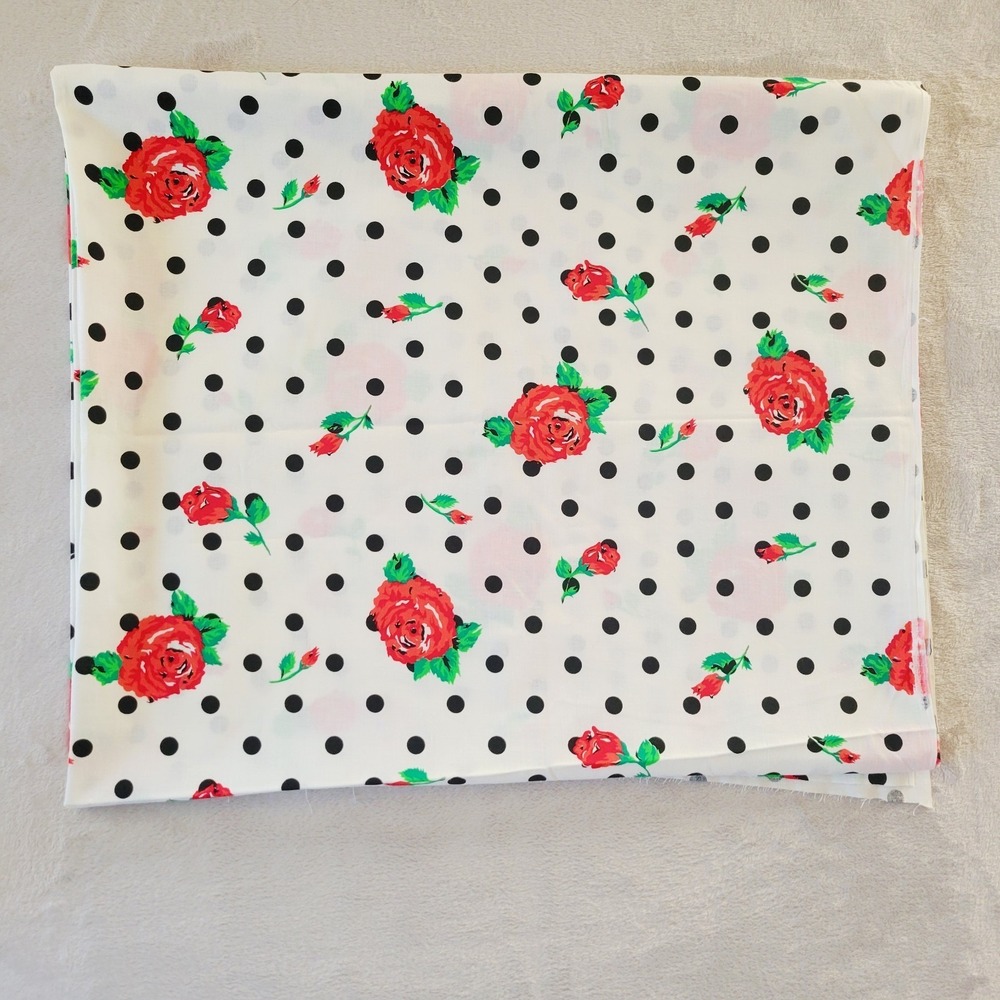 Red Rose and Black Polka Dot Fabric Remnant 2 Yards Betsey Johnson? Cotton Blend